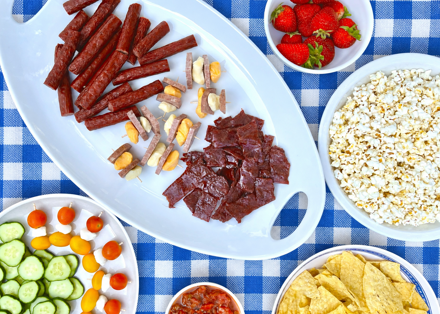 Meat Snacks on Patio Table w Blue White Gingham Tablecloth